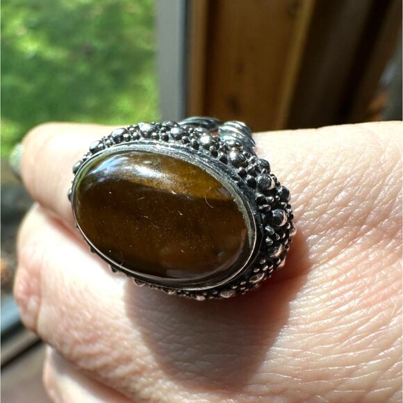 Tigers Eye Sterling Silver Oval Ring With Ornate Band & Beaded Detailing Size 6 - Picture 13 of 16